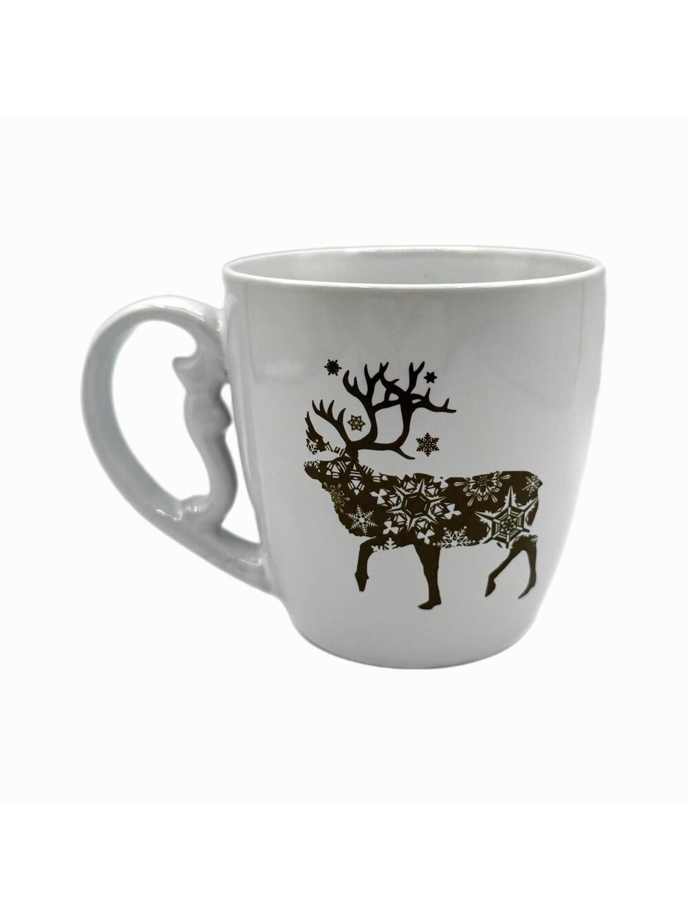 Modern Gourmet Foods Gold Reindeer White Ceramic 14oz Coffee Mug